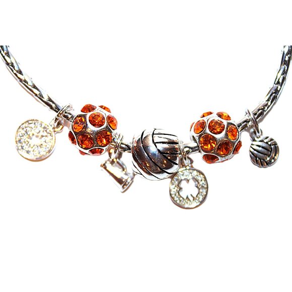 DaVinci Charm Bracelet 8" w/ 7 Beads - Volleyball Sports Star Cheer Orange CZ - Picture 1 of 3